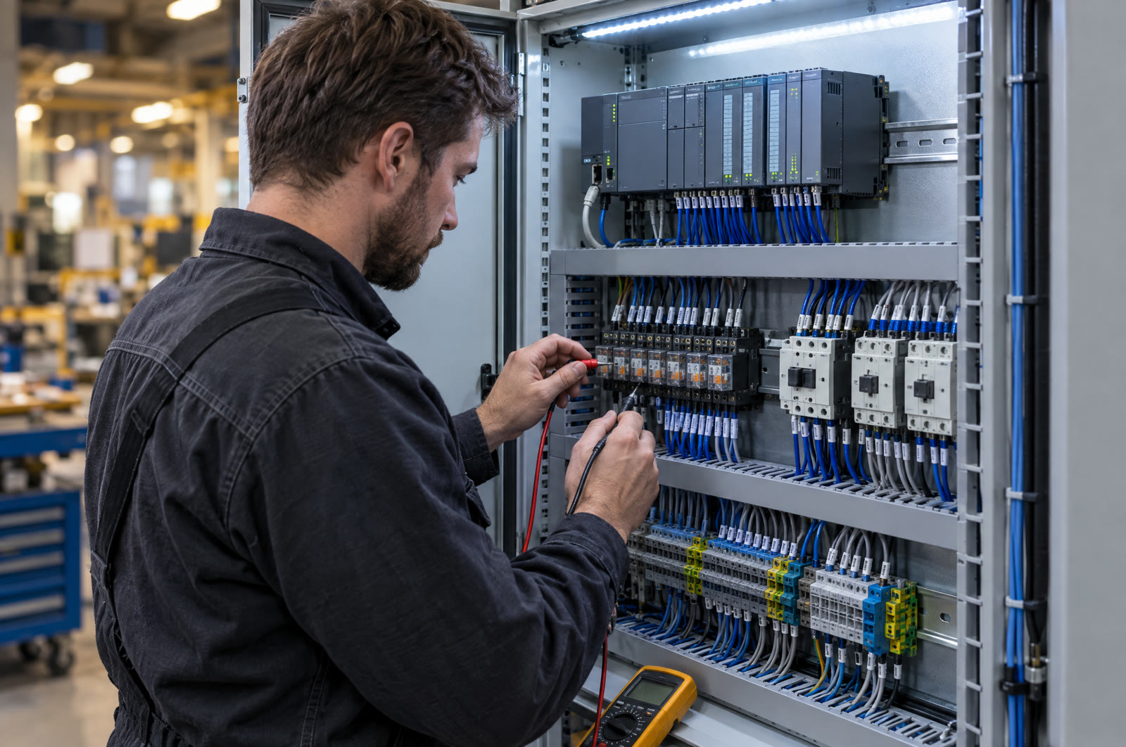 Elektricien bedraadt een PLC-sturingskast